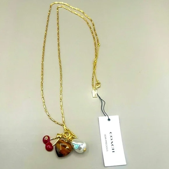 COACH Gold-Tone Charm Pendant Necklace with Cherry, Faux Pearl & Tiger Eye Heart